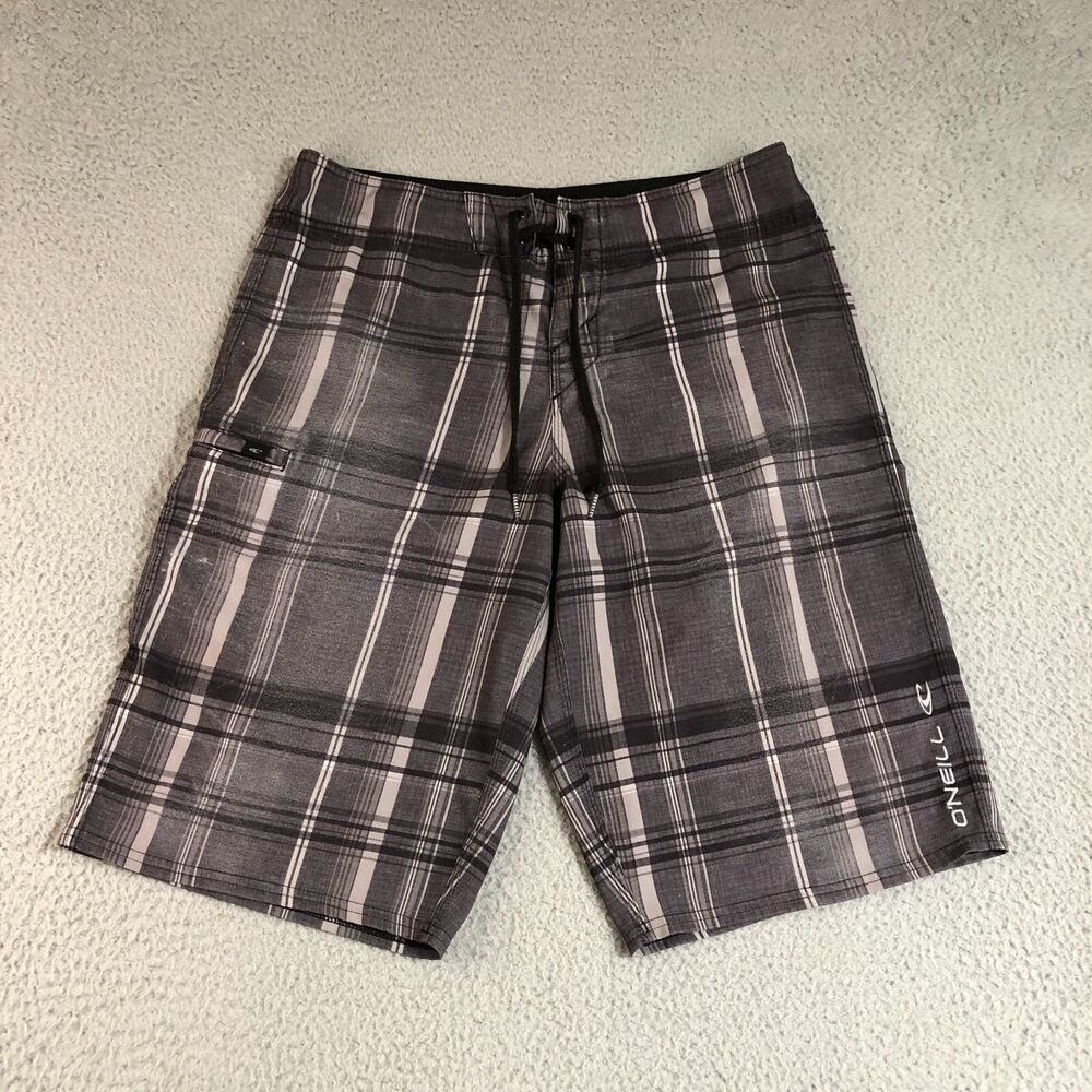ONEILL Shorts Men 31 Brown Swim Plaid Trunks Surf Beach Summer Drawstrings Logo